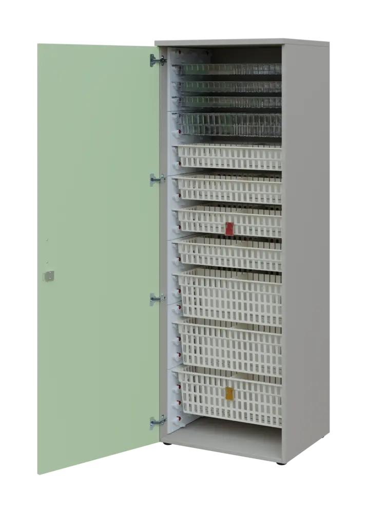 EUROMEDICA D - 66 skříň léková boxová, 1-dveřová, levá, 1950x660x535, korpus šedý, dvířka šedo-zelinkavá